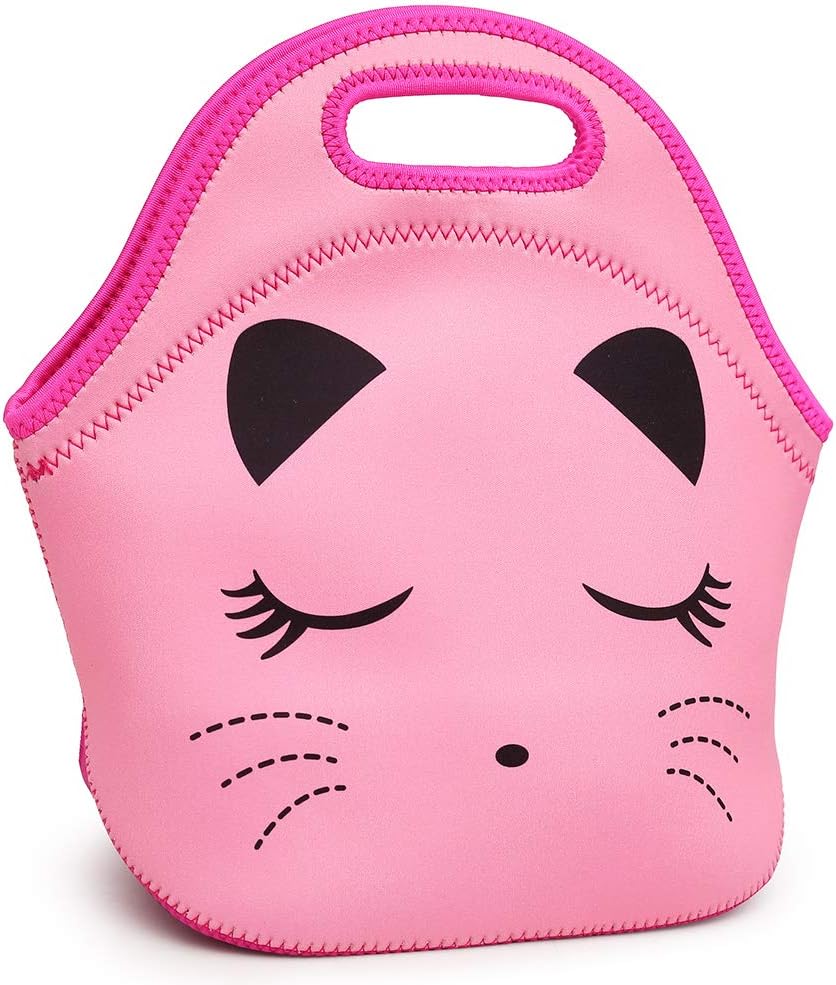 Moonmo Cat Face Unicorn Face Insulated Neoprene Lunch Bag for Women and Kids - Reusable Soft Lunch Tote for Work and School (Cat Pink)
