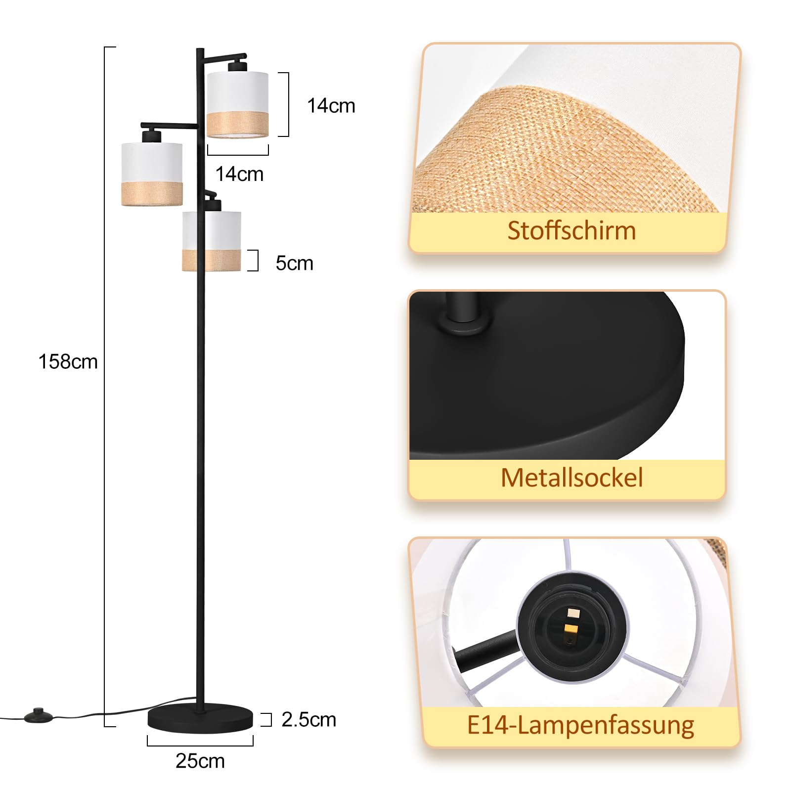 CBJKTX Stehlampe Wohnzimmer Stehleuchte Vintage - Stoff Standlampe 3 Flammig Standleuchte Schwarz Retro Leselampe E27 Rustikal Bodenlampe mit Fußschalter für Schlafzimmer Büro (ohne Leuchtmittel) | Flammig Standleuchte Schwarz Retro Leselampe E27 Rustikal