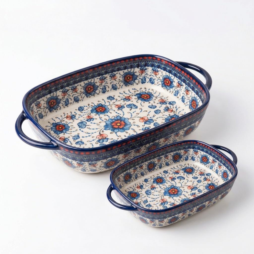 Ceramic Baking Dish with Handles, ceramic bakeware，Hand-painted Polish Pottery Baking Dish Set of 2,Baking Pan Lasagna Pan, Rectangular, Floral Pattern,baking tray Oven Safe 13.22x7.5x2.8 In (blue)