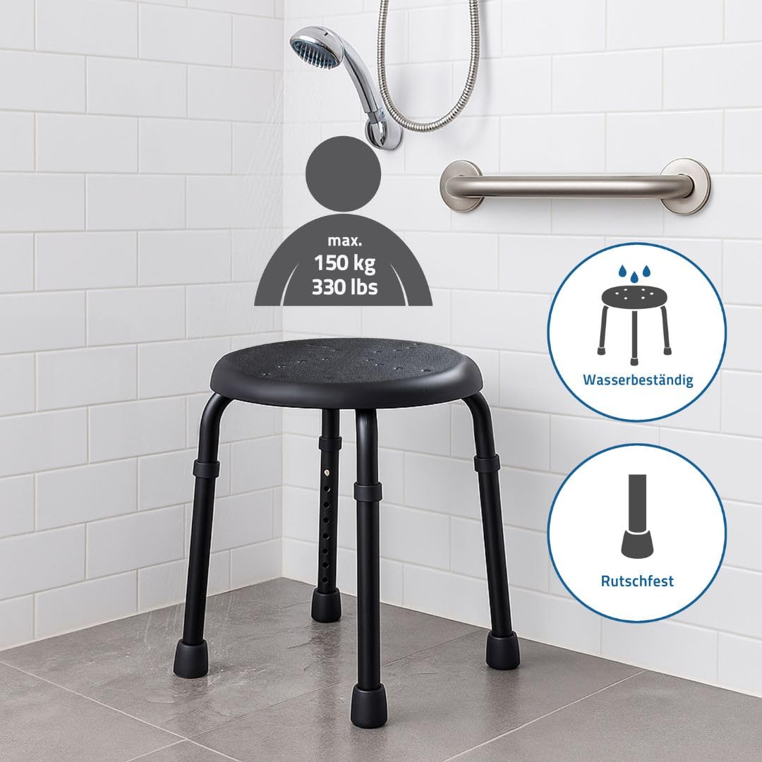 RIDDER – Bad-Hocker Go, Ø 50x34,9-52,5cm, schwarz, Aluminium/PE/TPR | Höhenverstellbarer Duschhocker mit rutschhemmender Sitzfläche. Stabiler Badehocker | Belastbar bis 150kg