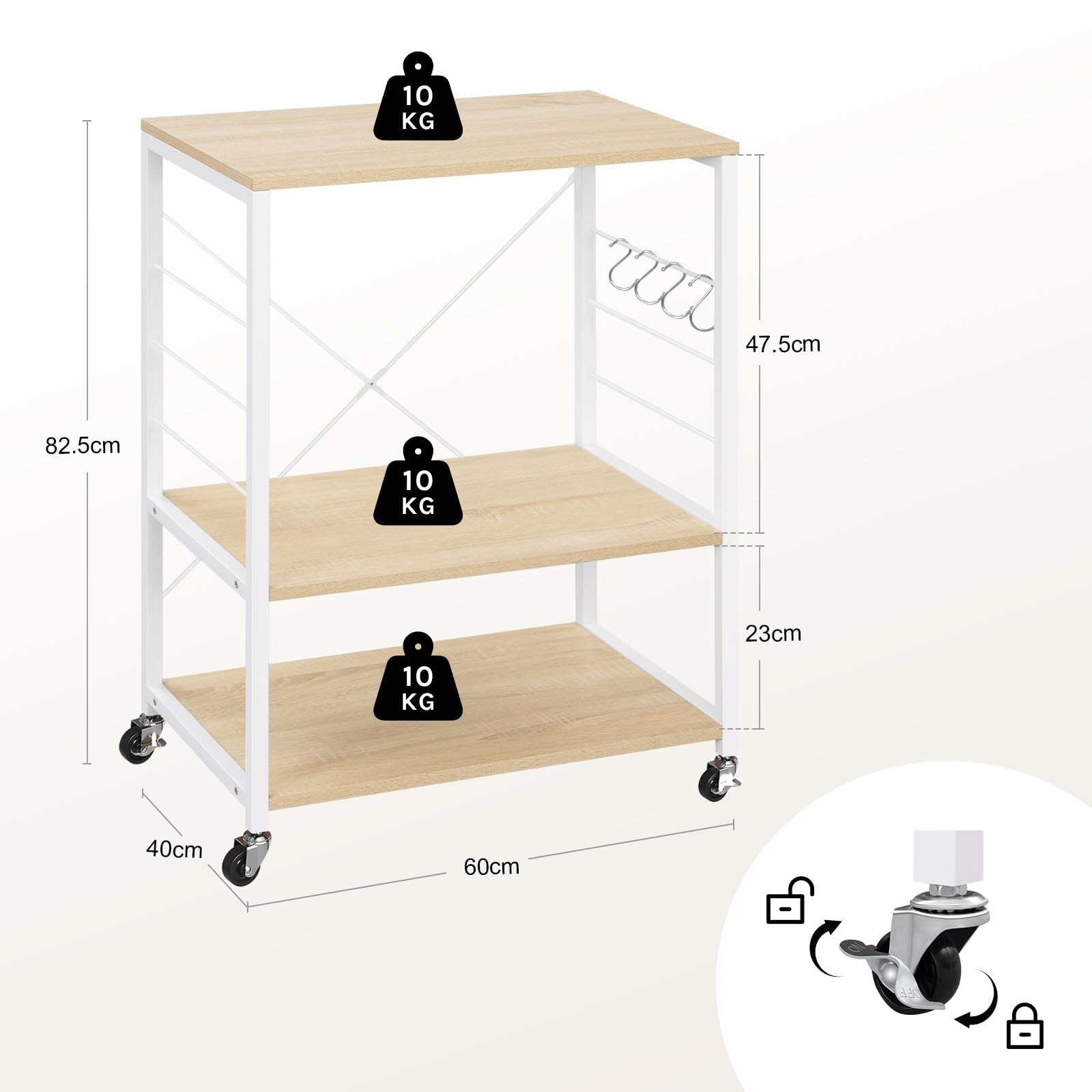 WOLTU Estantería de Cocina con Ruedas, Carrito Auxiliar con Estanteria Almacenaje 3 Niveles, Carro Cocina con 4 Ganchos, Estante de Microondas, Marco Metalico, Blanco + Roble Claro, 60x40x82,5 cm