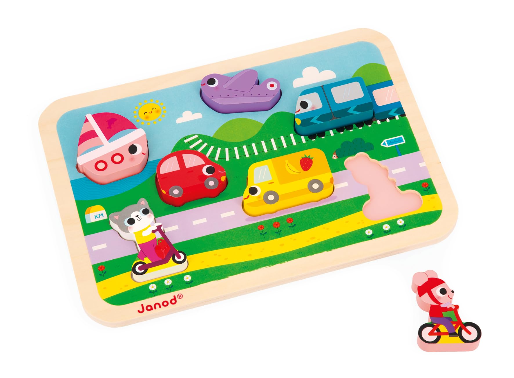 Janod - “Vehicles” Chunky Puzzle - FSC Wood - 7 Pieces - Develops Fine Motor Skills, Concentration and Imagination - 18 Months +, J07124