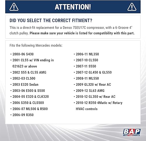 Miniatura 5 de Compresor de CA y embrague de AC para Mercedes S430 CL500 C230 CLK320 S350 C320 ML500 C240 ML350 S55 SL55 E500 S500 E320 C280 - BuyAutoParts 60-0
