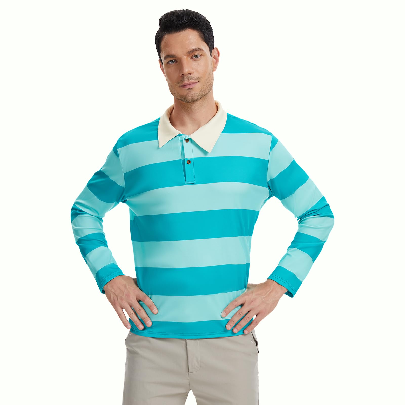 Adult Men Casual Green Striped Polo Shirt Halloween Costume Long Sleeve Fun T-Shirt Top (L)