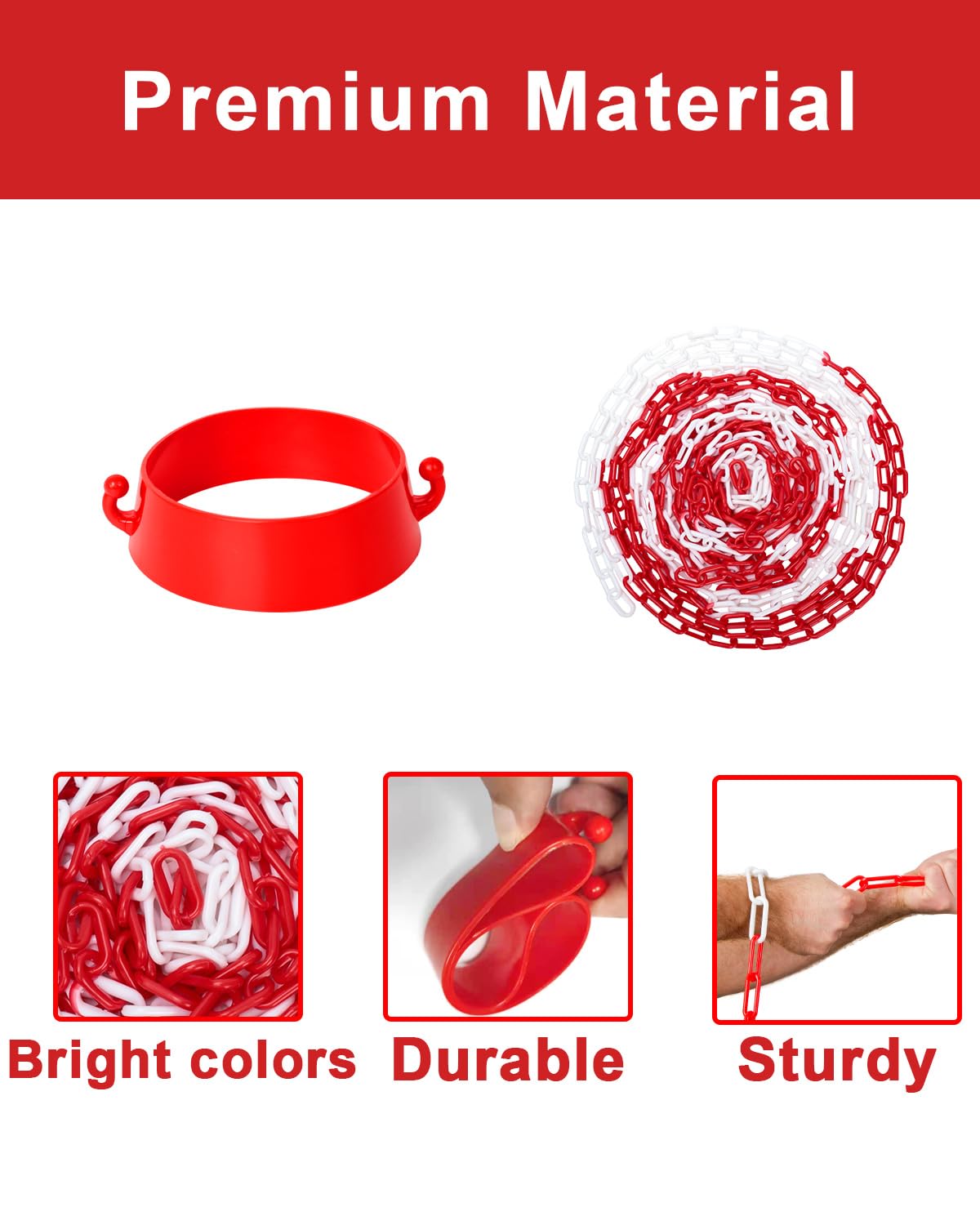 32 ft Plastic Traffic Chain Barrier Links - with 6pcs Traffic Cones Connector Kits for Traffic Cones