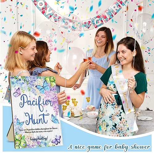 Image of Baby Shower Games Pacifier Hunt Game Games for Baby Shower or Gender Reveal Baby Pacifier Hunt Sign Wooden 50 Blue Acrylic Pacifiers for Party Games Blue Butterfly Design