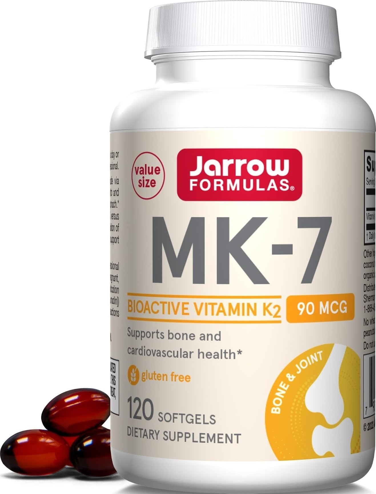 Jarrow MK-7 90 mcg, Bioactive Form of Vitamin K2, 120 Softgels | For Bone & Cardiovascular Health, Vitamin K2 MK-7 Dietary Supplement, Bone Health Support, Gluten-Free, 120 Servings