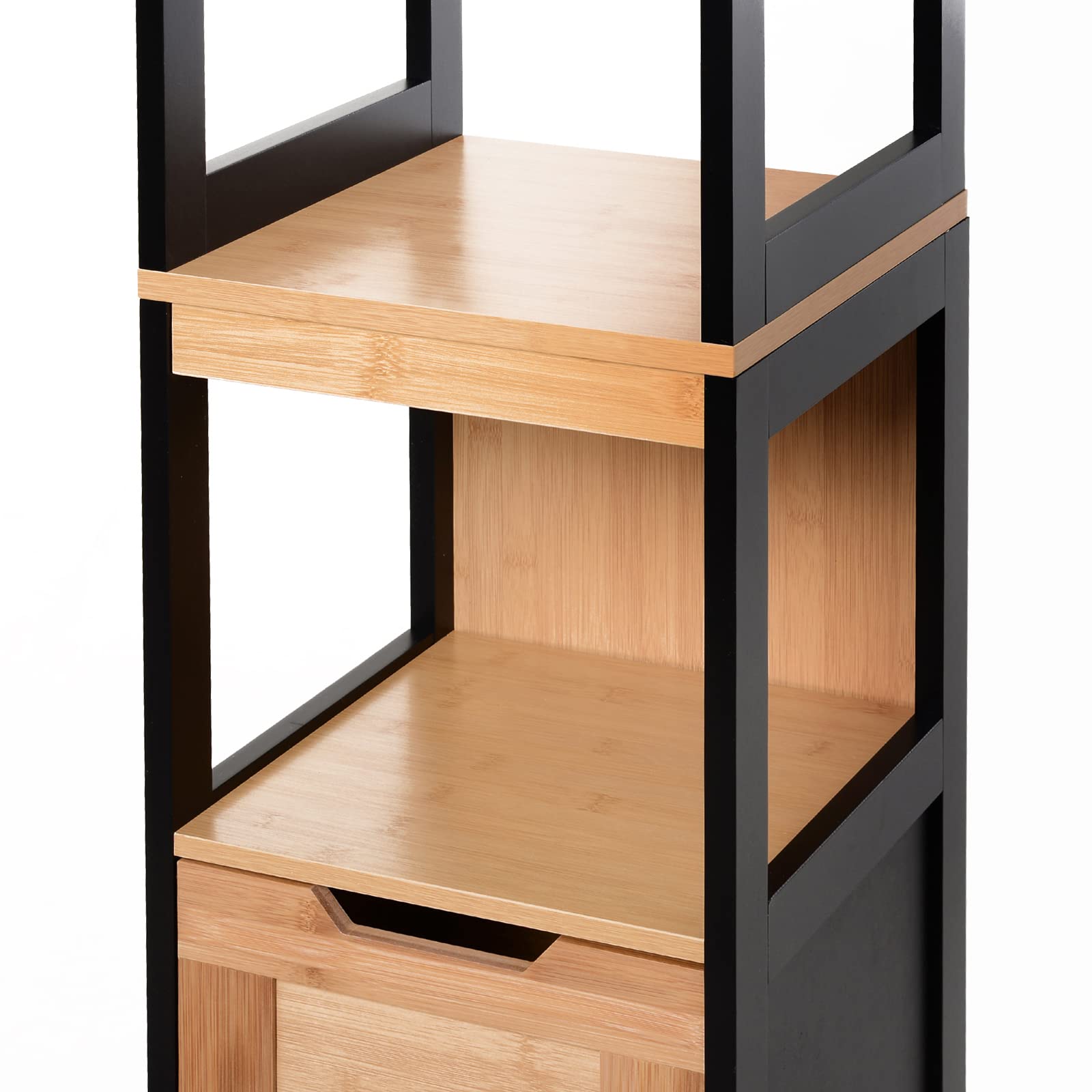 HOMCOM Meuble Colonne Rangement Salle de Bain Style Cosy dim. 30L x 30l x 144H cm 3 étagères 2 tiroirs Bambou Noir