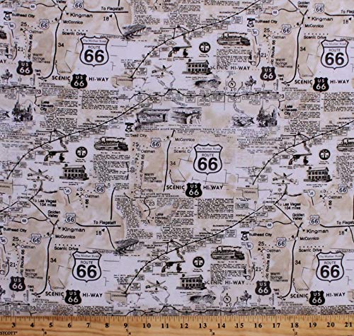 Cotton Vintage Route 66 Map Newspaper Print Road Signs Roads Road Trip Travel Cotton Fabric Print by The Yard