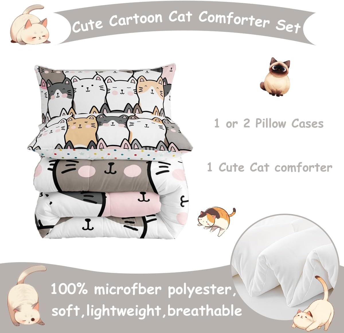 jejeloiu Cute Cat Comforter Set Twin Size Cartoon Cats Bedding Set for Kids Boys Girls Lovely Animals Duvet Quilt Bedroom Decor Microfiber 2 Pcs with 1 Pillow Cases