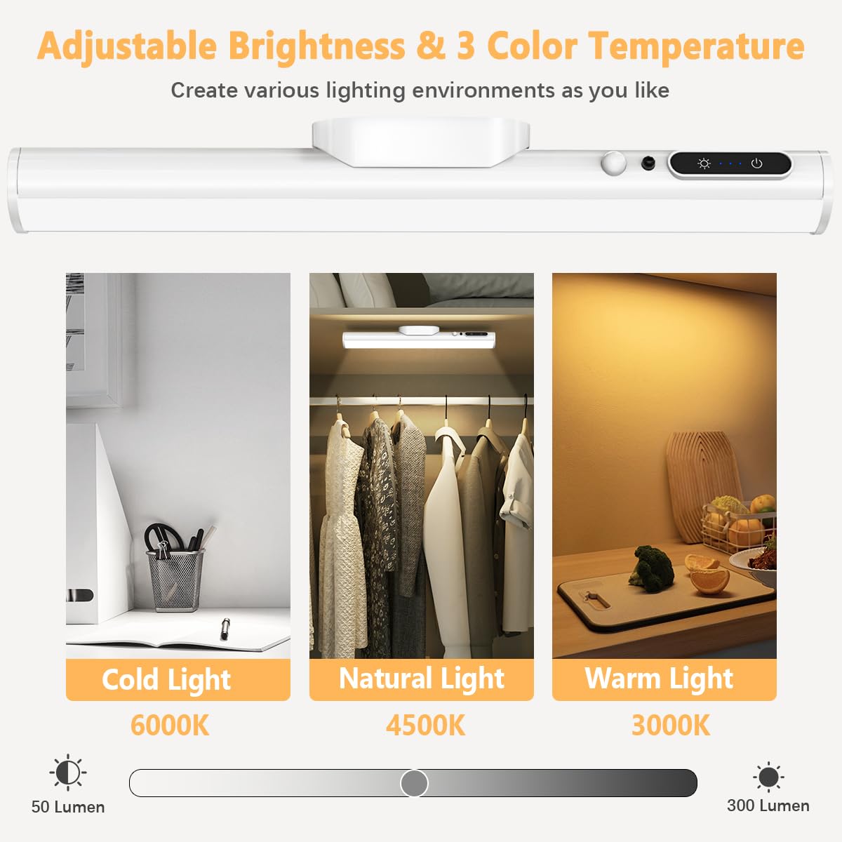 Lumiere Detecteur de Mouvement Interieur, 4000mAh Lampe Murale Sans Fil Rechargeable USB, Reglette LED Cuisine Aimantée, Barre Lumière a Pile pour Placard, Tableau, Armoire, Salle de Bain