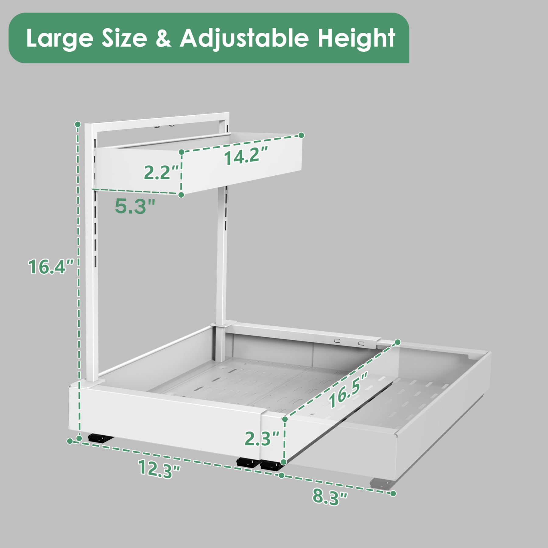 REALINN Organizador debajo del fregadero en forma de L con ajuste de altura de 6 niveles y ancho expandible, estante de almacenamiento extraíble con rieles deslizantes silenciosos para cocina, baño