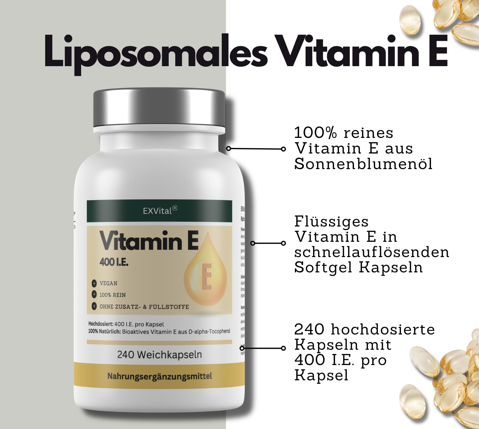 EXVital Vitamin E 400 I.E., 240 vegane Softgel Kapseln, mit D-Alpha-Tocopherol, Vitamin E aus Sonnenblumen, hochdosiert & laborgeprüft (Packung mit 2)