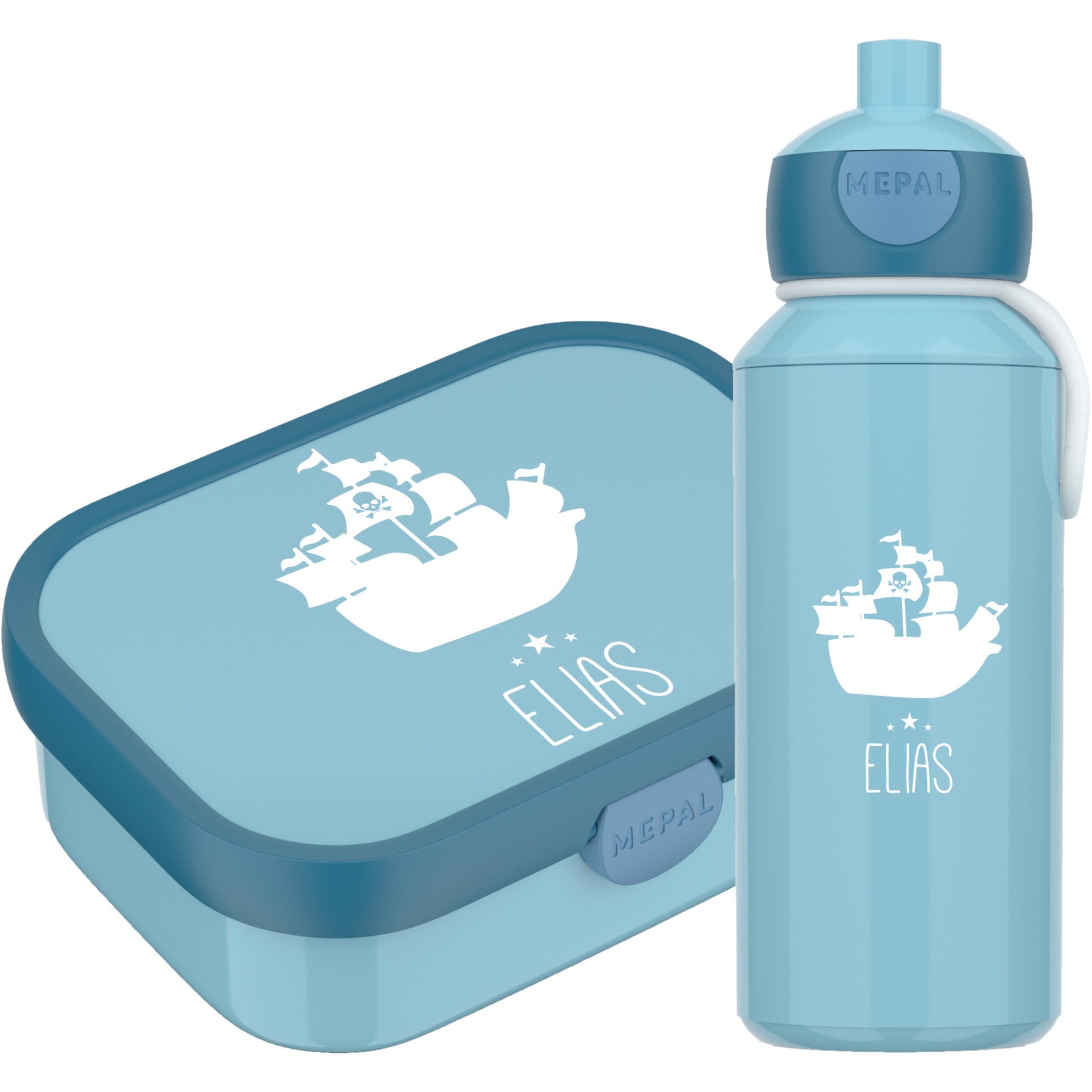 4ou Design Mepal Set Brotdose & Trinkflasche personalisiert mit Namen – Silhouette SCHIFF– Auslaufsicher, Bento Einsatz rausnehmbar, inkl. Snackgabel – BPA frei – Geschenk für Kinder (Cool Blue)