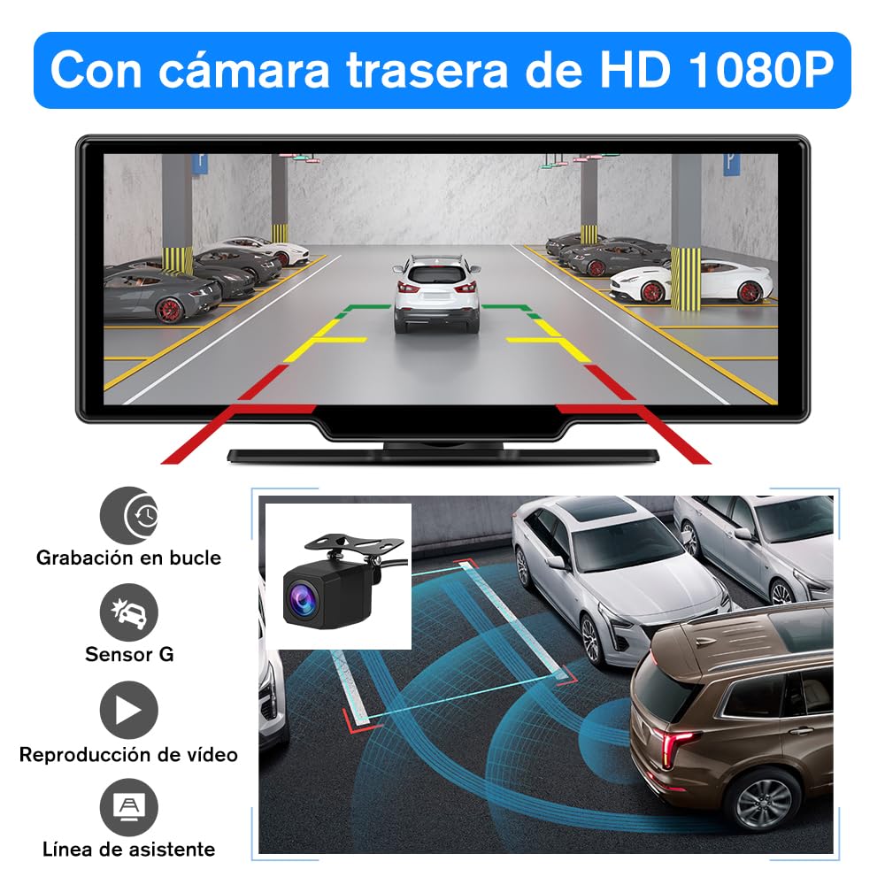 AWESAFE Pantalla Táctil de 10.26 Pulgadas para Coche con CarPlay/Android Auto Inalámbrico, Pantalla Portátil con Dashcam 4K Frontal/Cámara Trasera de HD 1080P/Control por Voz/Bluetooth/Mirror Link