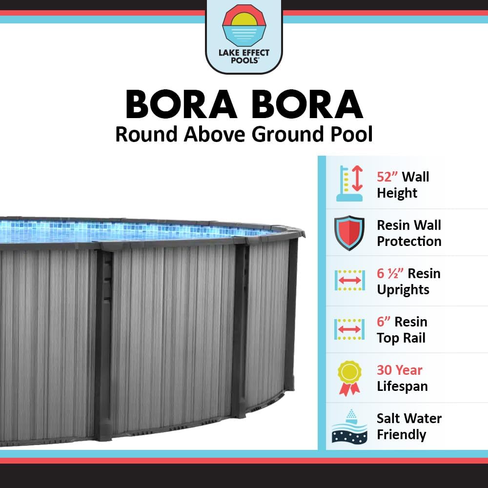 Lake Effect Pools 'Bora Bora' 24 ft Round Above Ground Swimming Pool | 52 Inch Resin Protected Steel Sided Walls | Bundle Includes: 25 Gauge Overlap Liner & Widemouth Skimmer