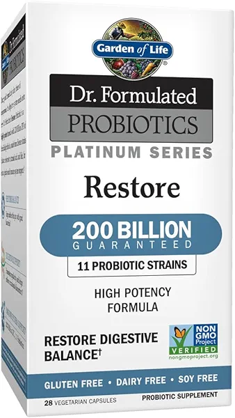 Garden of Life Dr. Formulated Probiotics Platinum Series Restore 200 Billion CFU Guaranteed, High Potency Probiotic Formula, Vegan, Non-GMO, Gluten Dairy Free Digestive Immune Support, 28 Ca