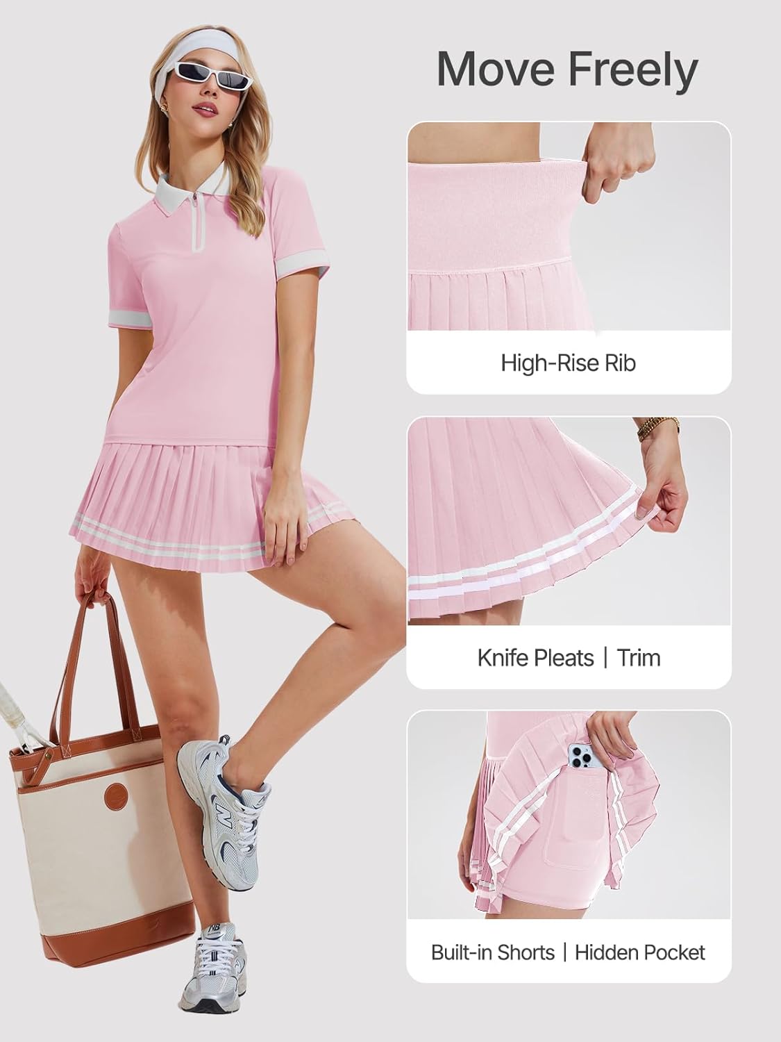 Women's 2-Piece Tennis Skirt Set, Polo V-Neck Top & High-Waisted Pleated Skirt, Athletic Outfit for Golf Pickleball - Image 4