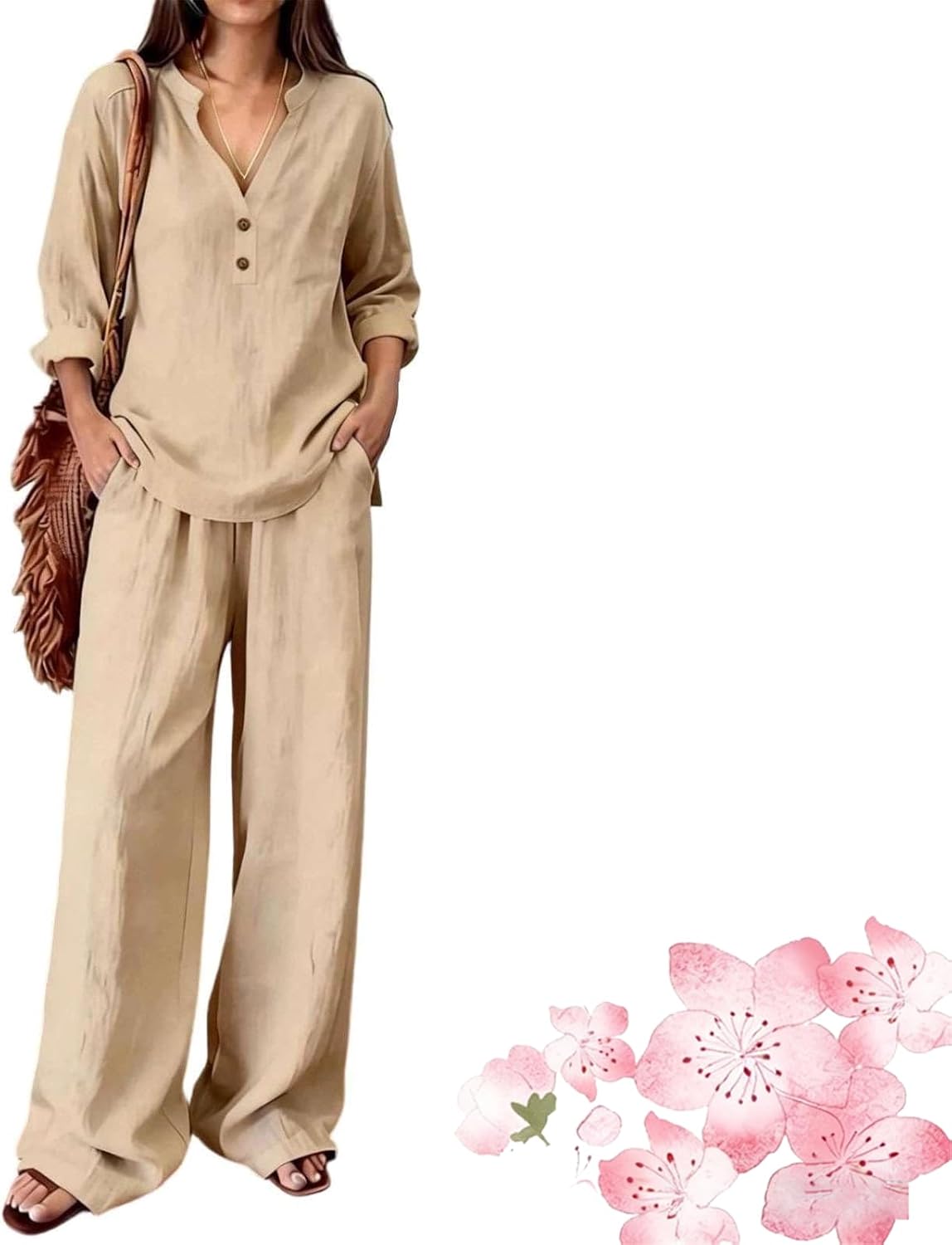 Two Piece Sets for Women Business Casual,Long Sleeve Button Down Shirt and Wide Leg Pants