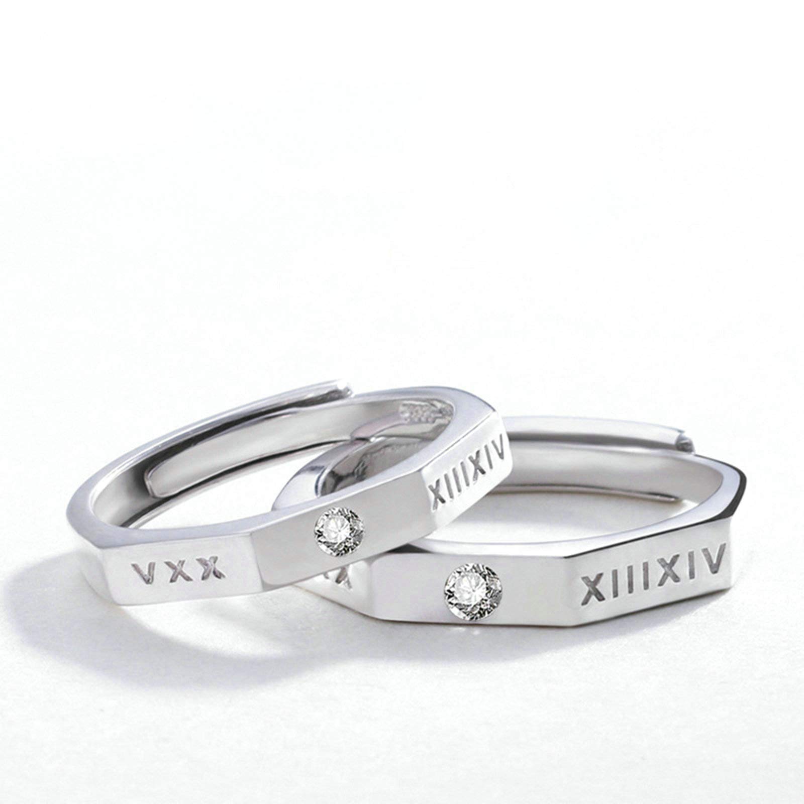 Juego de Anillos, Plata de Ley 925 Anillo Regulable Números Romanos Ajustables Grabado Pareja de Regalo de Anillo de Aniversario