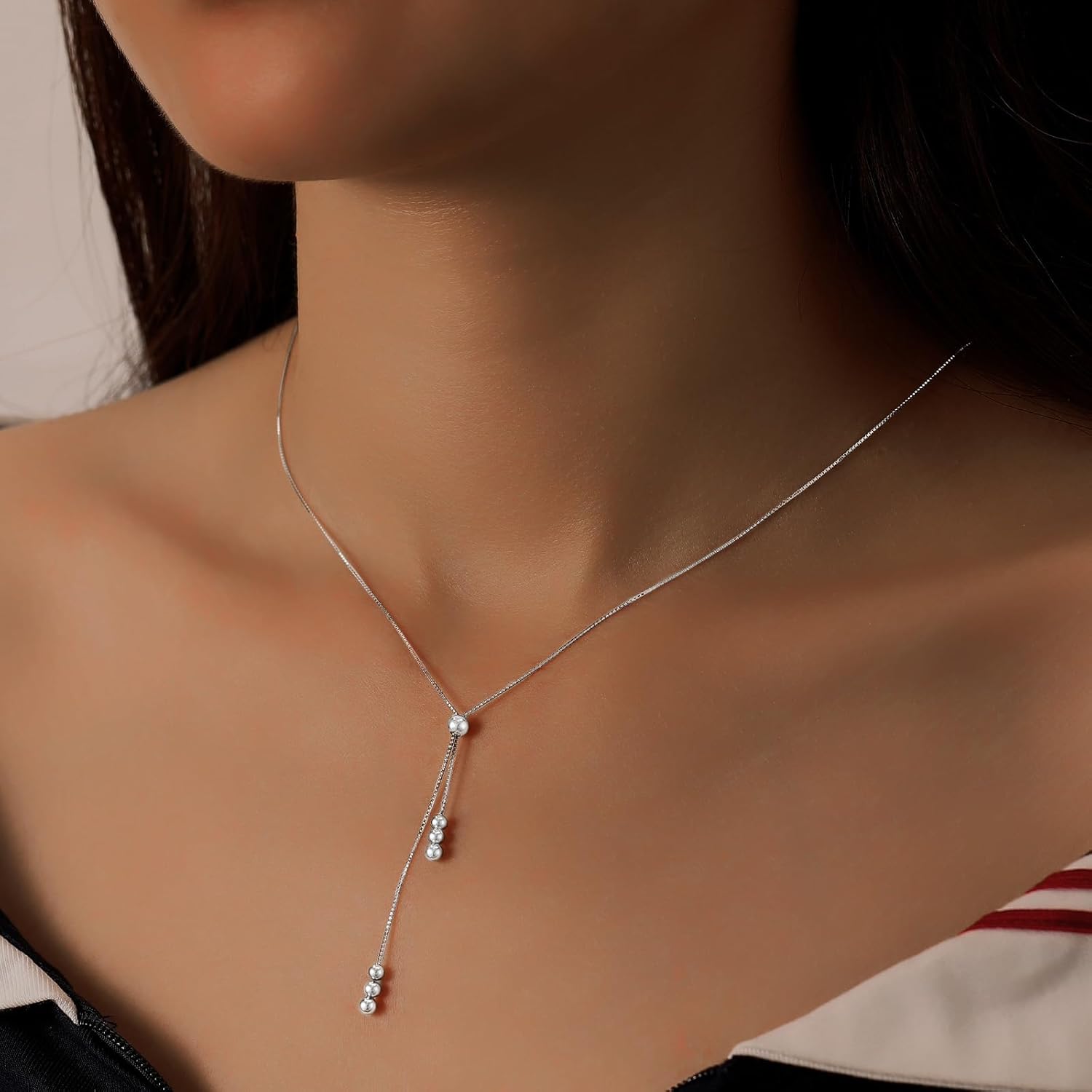 Lariat Necklace for Women,Dainty Long 14K Gold Plated Y-Shaped Pearl Necklace 925 Sterling Silver Cubic Zirconia Crystal Ball Sparkle Necklace for Mother Daughter Wedding Valentine’s Day Jewelry - Image 3