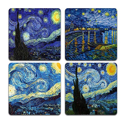 Van Gogh Style Watercolor Painting Square Coaster Set - Made of Recycled Rubber - Set of 4
