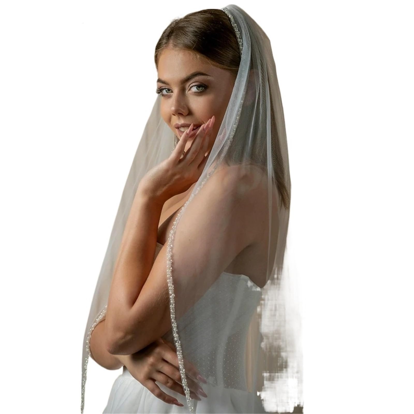 Schleier Braut Zarte Hochzeit Schleier for Braut Perlen Schleier Mit Kristallen Rand Braut Kristall(WHITE,100cm)