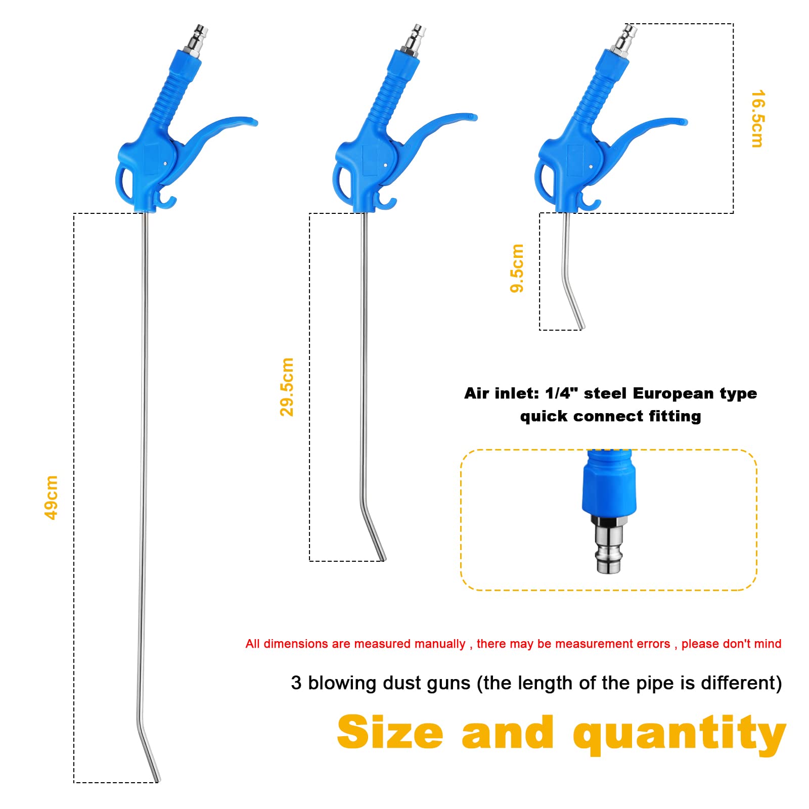 3 Pezzi Pistola Soffiaggio lunga Pistola per soffiaggio ad aria 95mm 295mm 490mm Lunga Pistole ad aria Compressa (Blu)
