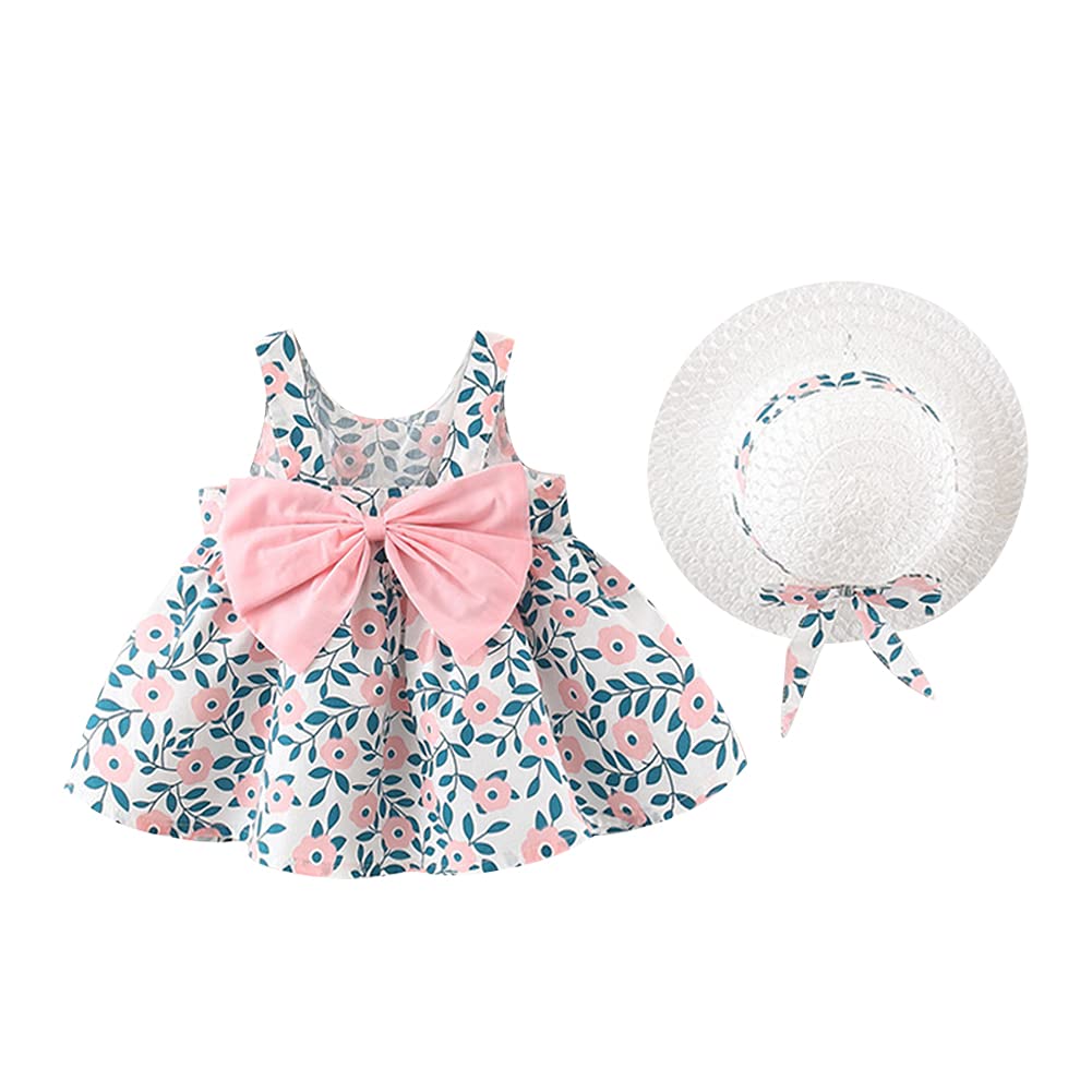 Toddler Baby Girls Tutu Dress Clothes Summer Sleeveless Hawaiian Beach Holiday Dress Backless Princess Birthday Party Outfit Floral Wedding Bowknot Sundress with Straw Hat set Pink Floral 18-24 Months