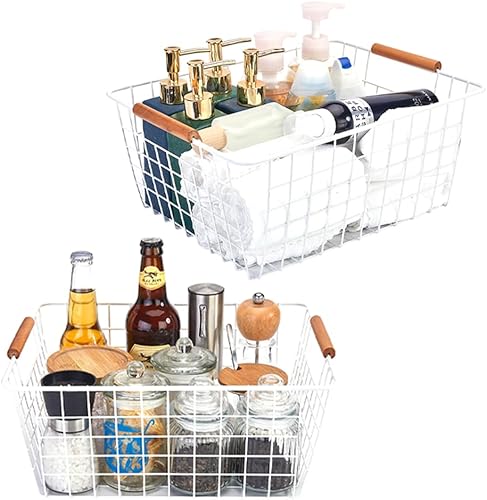 Miniatura 5 de LeleCAT Cestas grandes de alambre blanco con asas de madera para despensa de almacenamiento, cestas organizadoras de almacenamiento, refrigerador