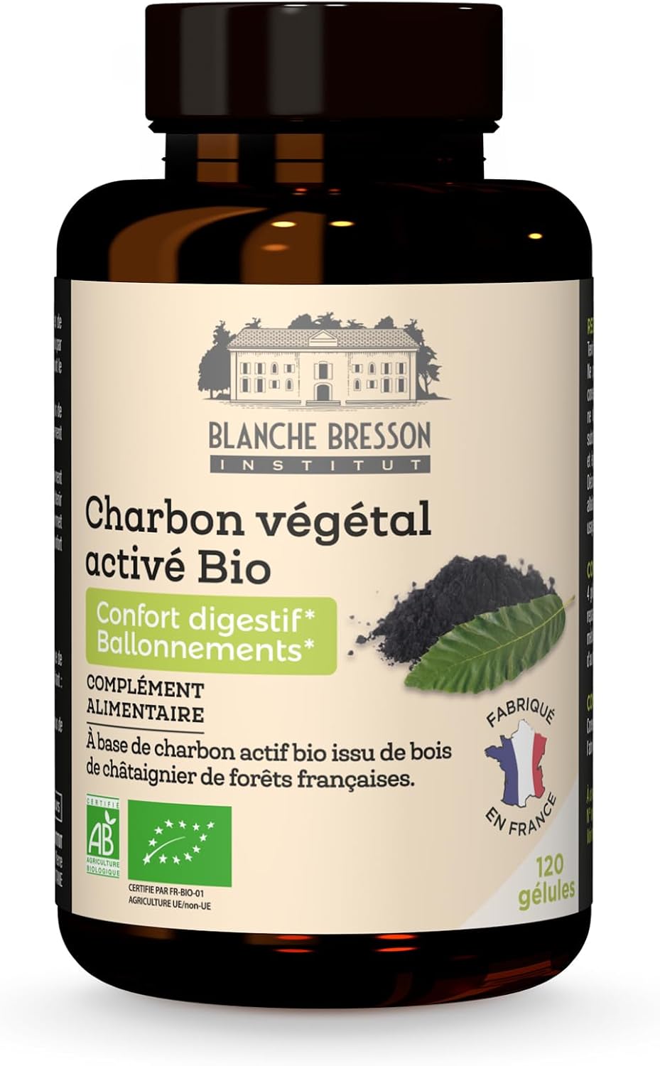 BLANCHE BRESSON – Organic Activated Vegetable Charcoal – Digestive Comfort & Bloating – Digestive Disorders, Abdominal Heaviness, Flatulence – 120 Capsules – 30 Day Treatment – Made in France