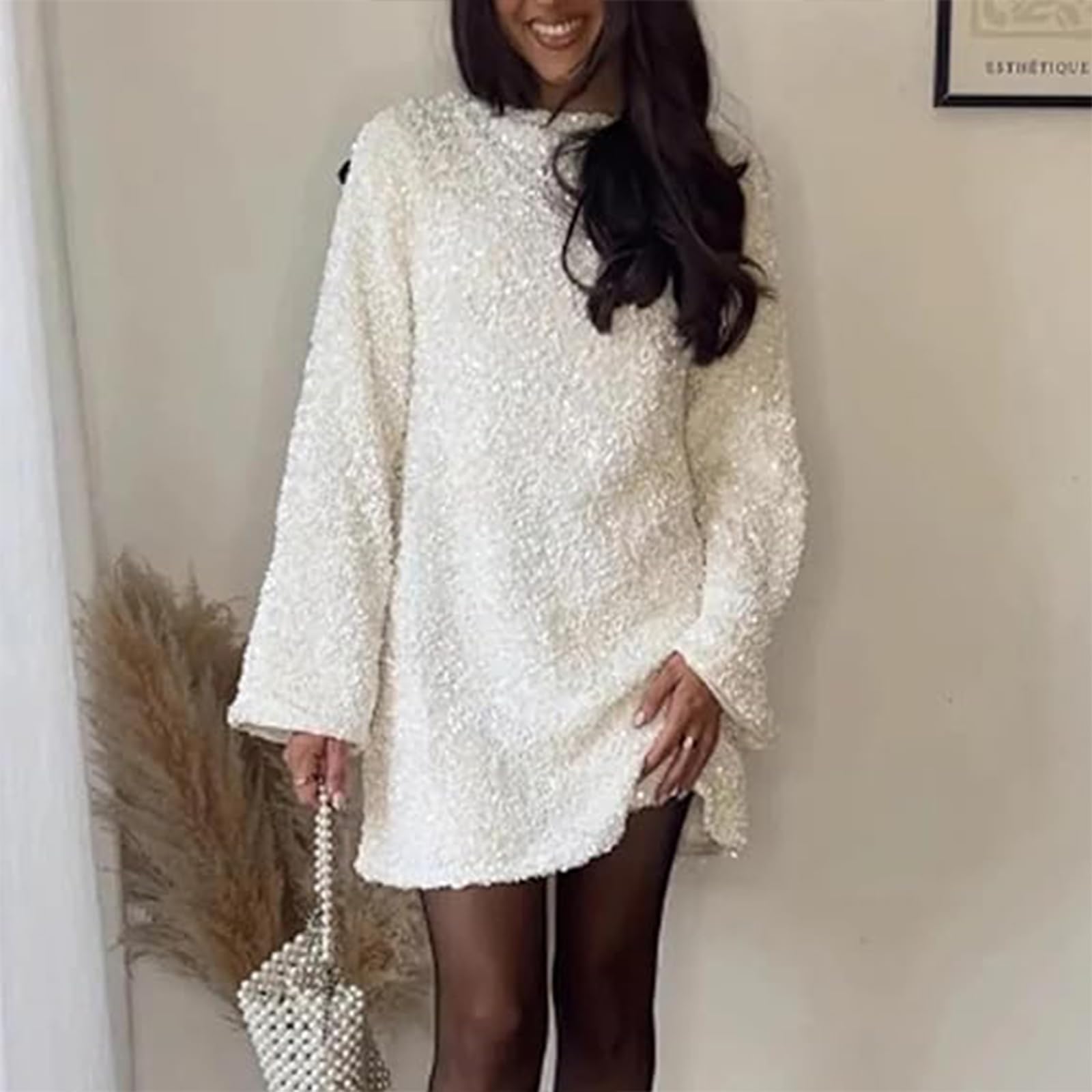 Vestido corto de lentejuelas para mujer, ajuste holgado, manga larga, acampanado, con lazo en la espalda, vestido corto de lentejuelas, vestido de concierto, vestido de festival