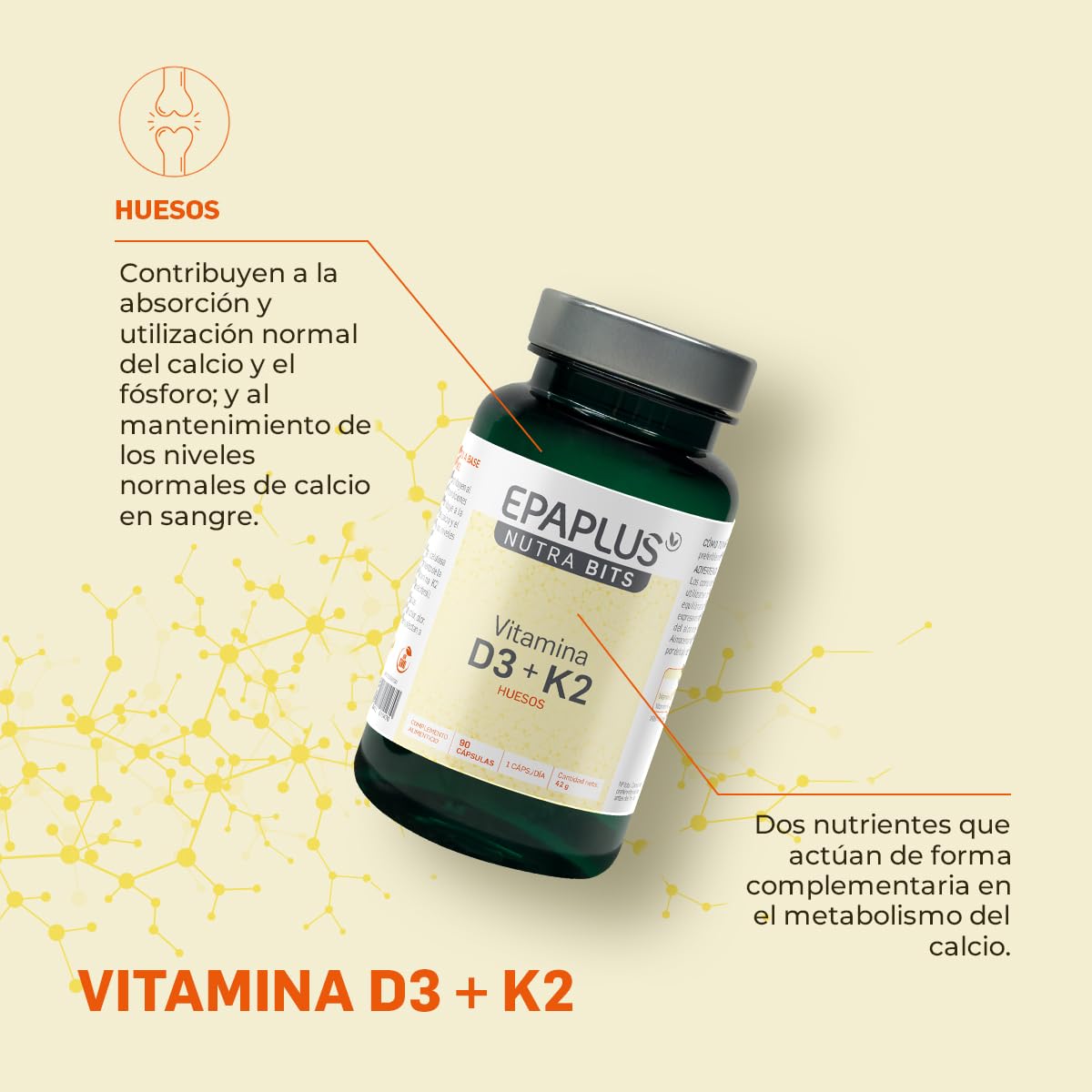 EPAPLUS Nutrabits Vitamina D3 + K2 para Huesos y Defensas, 90 Cápsulas | Complemento alimenticio con vitaminas D3 y K2, que contribuyen al mantenimiento de los huesos y al sistema inmunitario