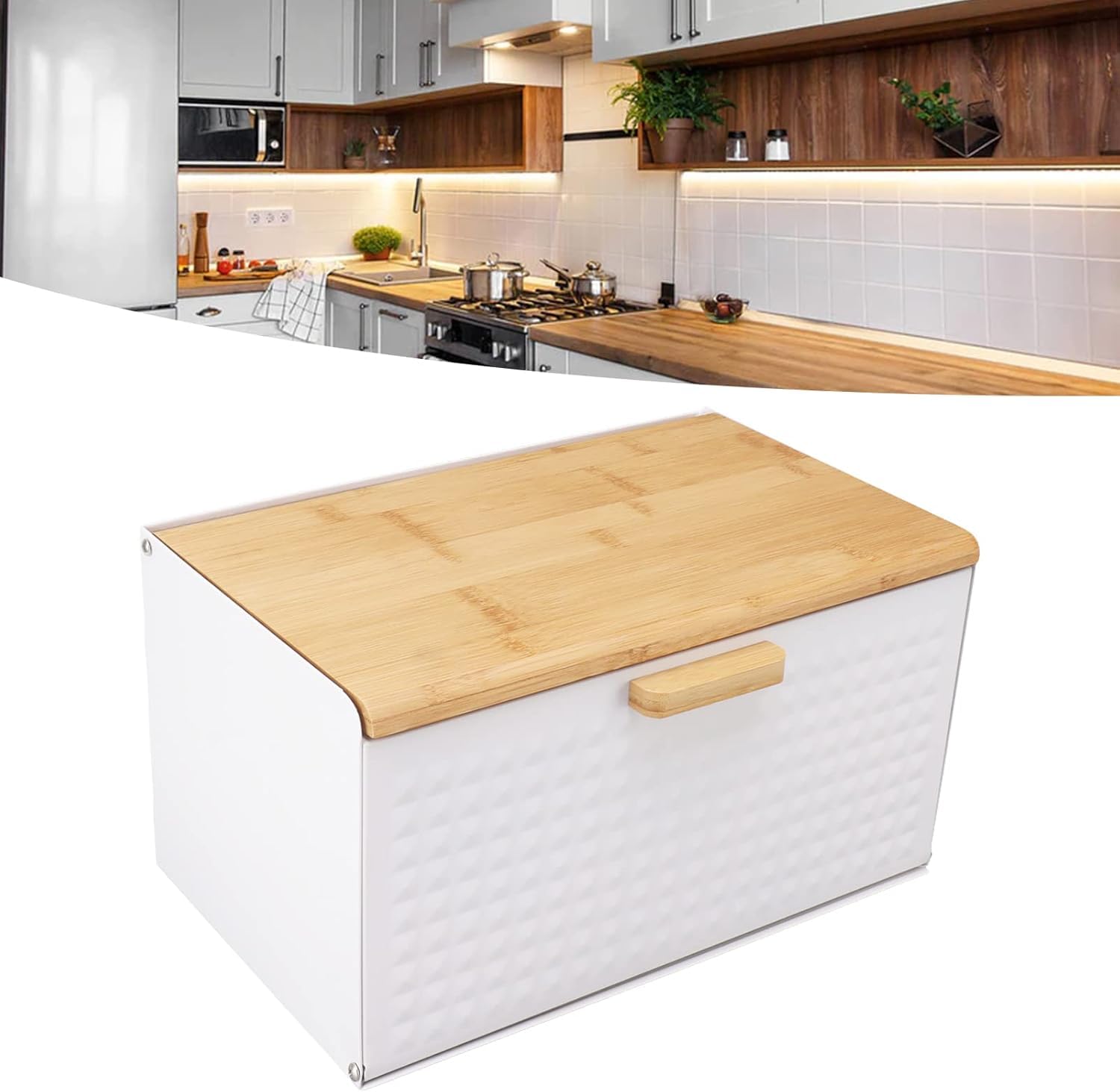 Grande Scatola per Il Pane in Legno con Struttura in Ferro, 35,5x21,5x20 Cm, Elegante Contenitore da Cucina per Il Pane Fresco, Ideale per Panettieri Casalinghi E Amanti del Cibo White