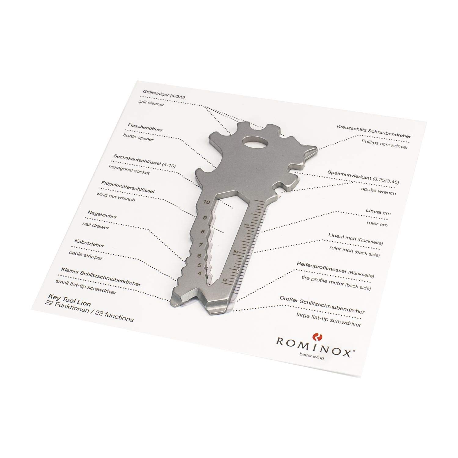 Artykuł na prezent: ROMINOX Key Tool // Lion, 22 funkcje, narzędzie wielofunkcyjne ze stali nierdzewnej z opisem funkcji, narzędzie wielofunkcyjne, podczas podróży lub urlopu
