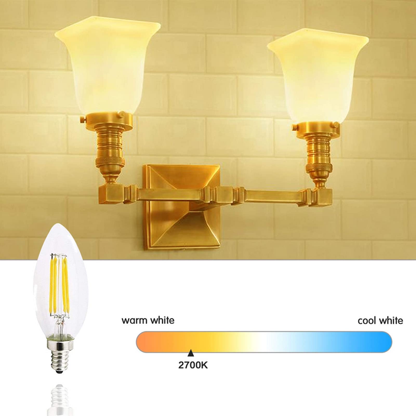 Lampadina a candelabro LED dimmerabile 4 W, equivalente a 40 W 400 lm, Lampadine a candelabro con filamento LED Base E12, Lampadine decorative a candela C35 in vetro trasparente Edison antico, Confez