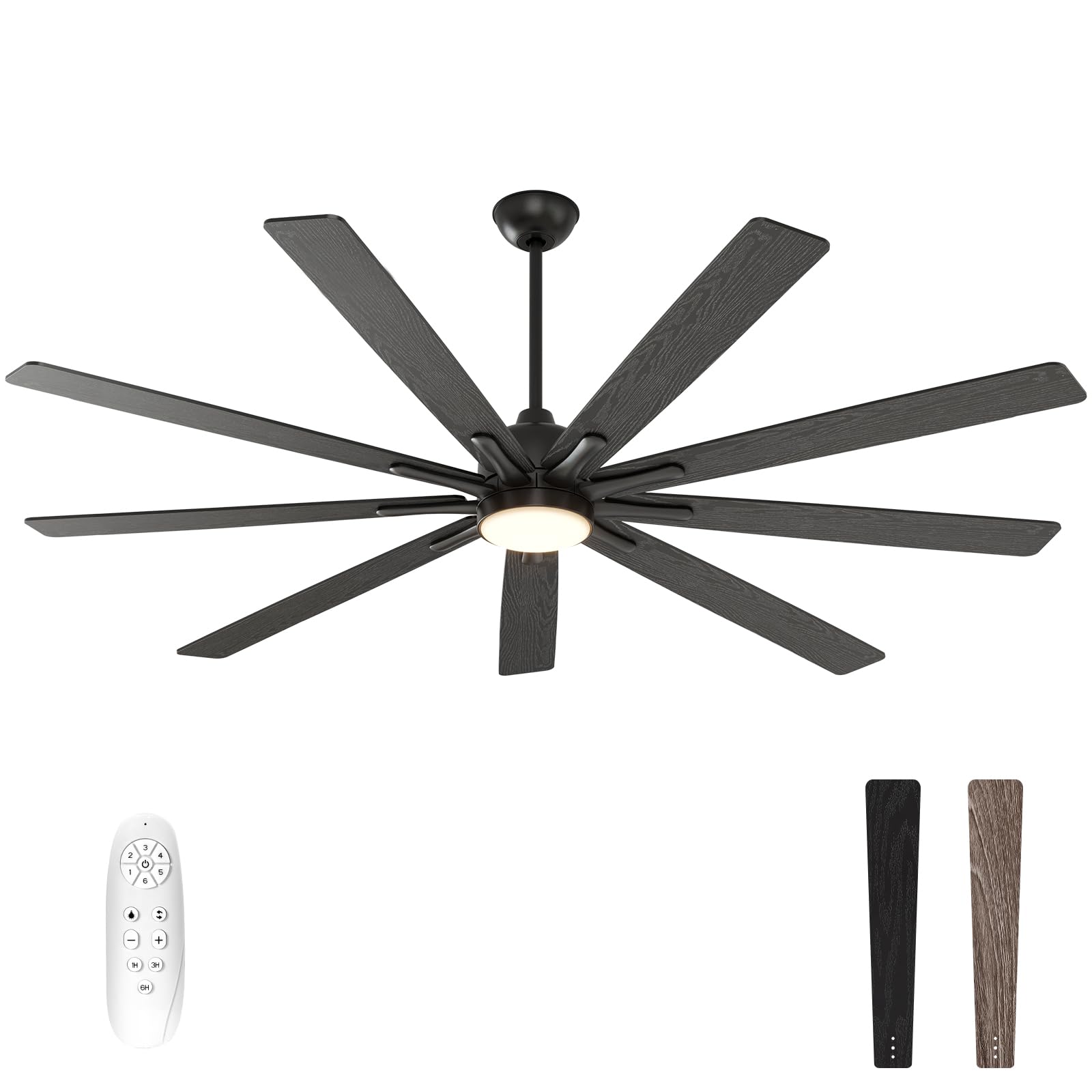 Photo 1 of warmiplanet Ceiling Fans with Lights and Remote Control, 72-Inch, Reversible Silent DC Motor, 6 Speeds, 3 Color Dimmable LED Light, Timer, Black, 9-Blades