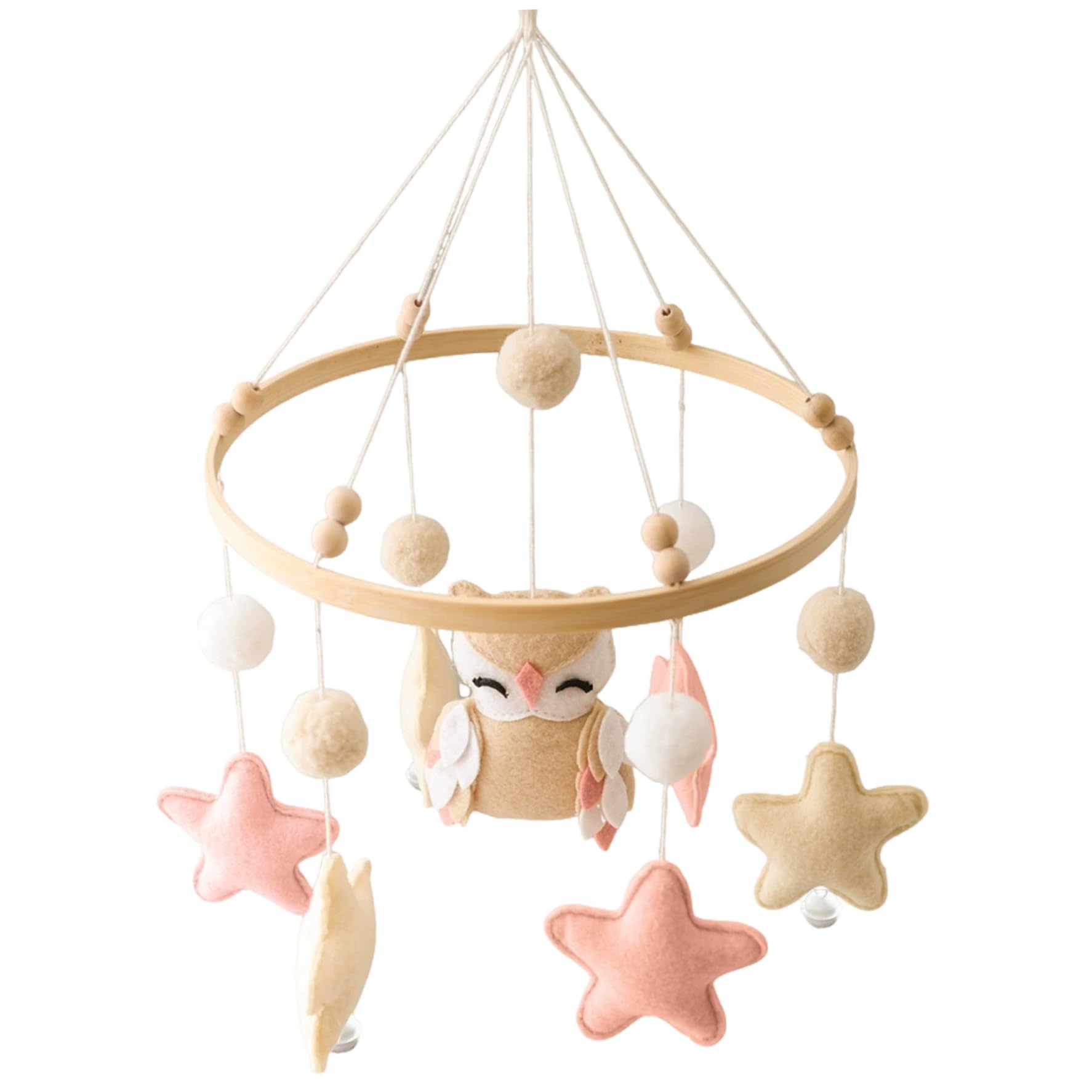 Tsawntd Baby Mobile for Crib, Wooden Baby Crib Mobile with Felt Balls, Owl and Star, Bed Bell Pendant for Bed, Nursery Decoration Girl for for