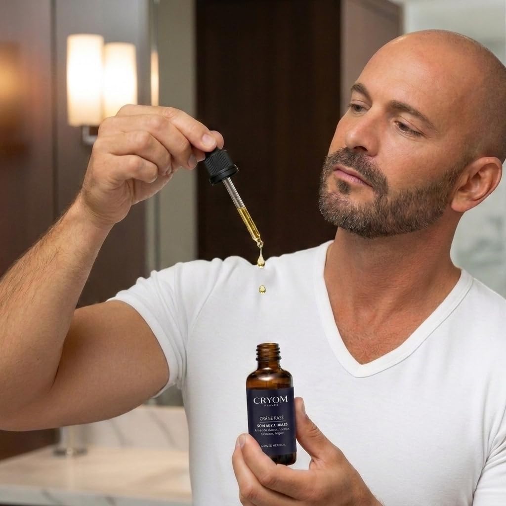 Huile pour crâne rasé, tondu ou chauve (huiles d'Amande douce, Jojoba, Sésame et d'Argan), flacon pipette de 30 ml, 99% d'ingrédients d'origine naturelle, cosmétique pour hommes.