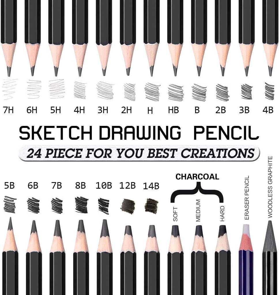 Mincho Professional Sketch Drawing Pencil Set - 24 Piece Artist Pencils Set Includes Graphite, Charcoal, Eraser Pencils (7H-14B), Ideal for Drawing Art, Sketching, Shading, for Beginners & Pro Artists : Arts, Crafts & Sewing