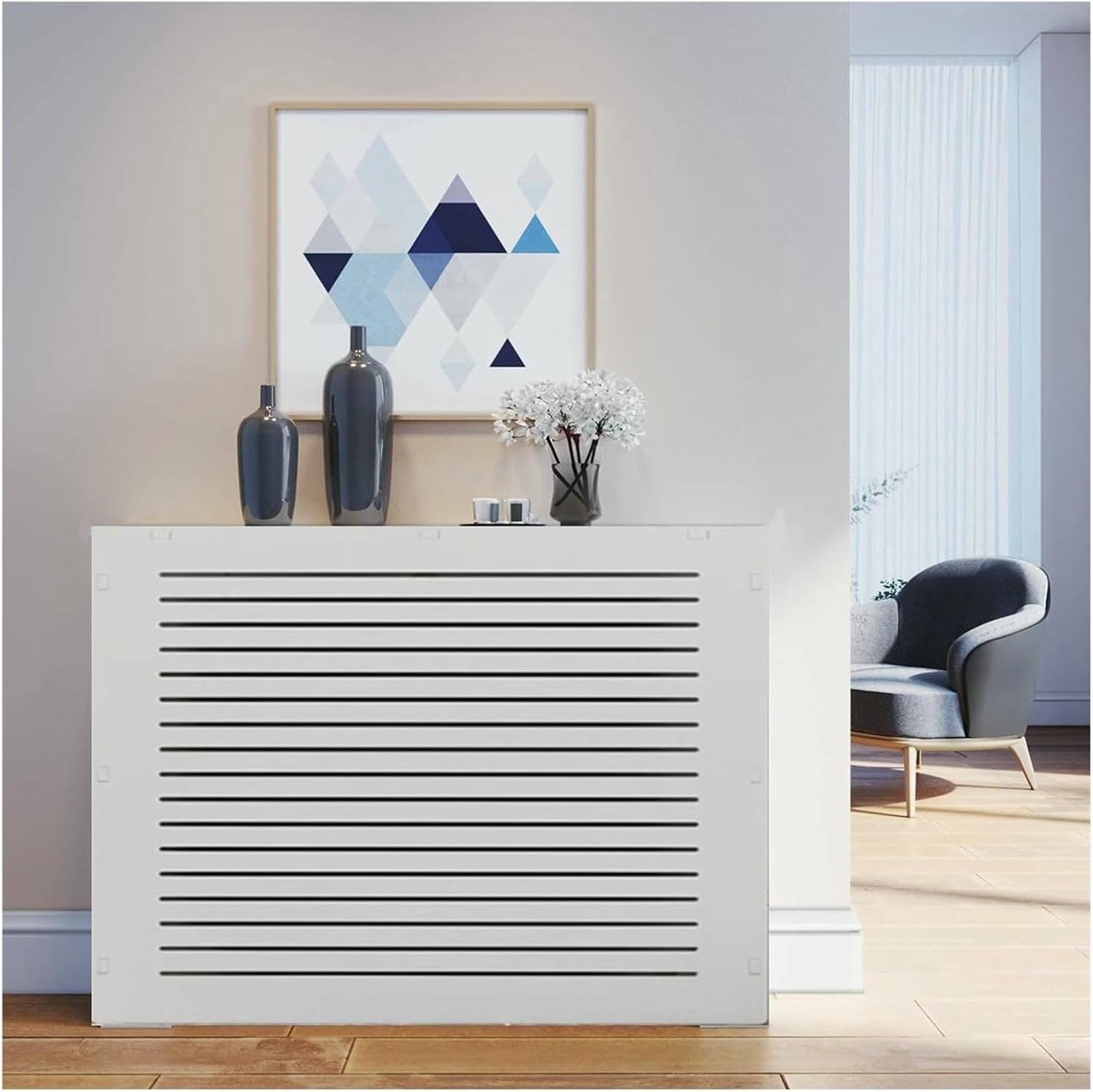 Cubre radiador blanco MDF lacado para ocultar calefaccion de dormitorio