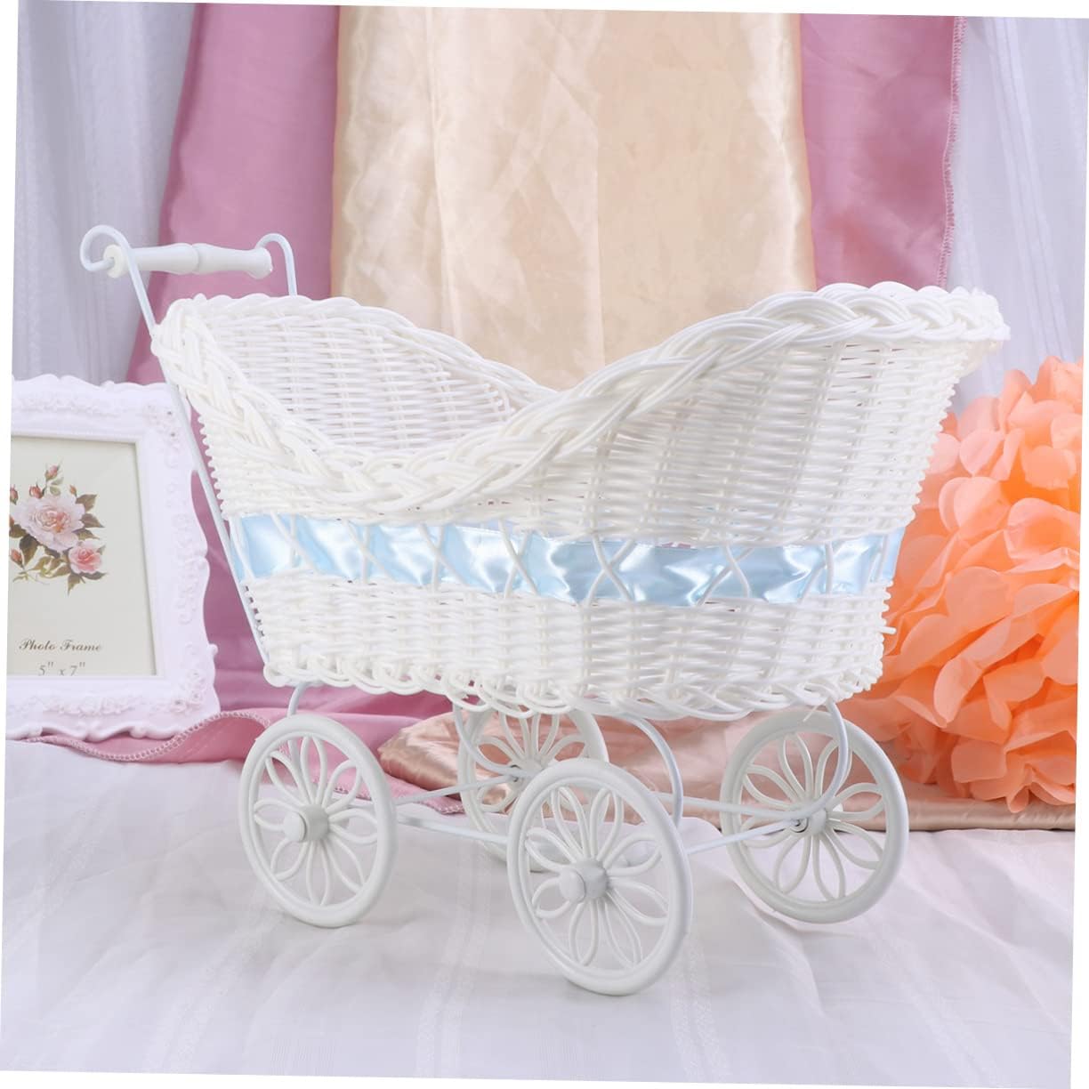 Wakauto Knitted Cane Tricycle Ornament Blue Rattan Flower Basket Decorative Mini Carriage for Wedding Shower Party Birthday Home Decor