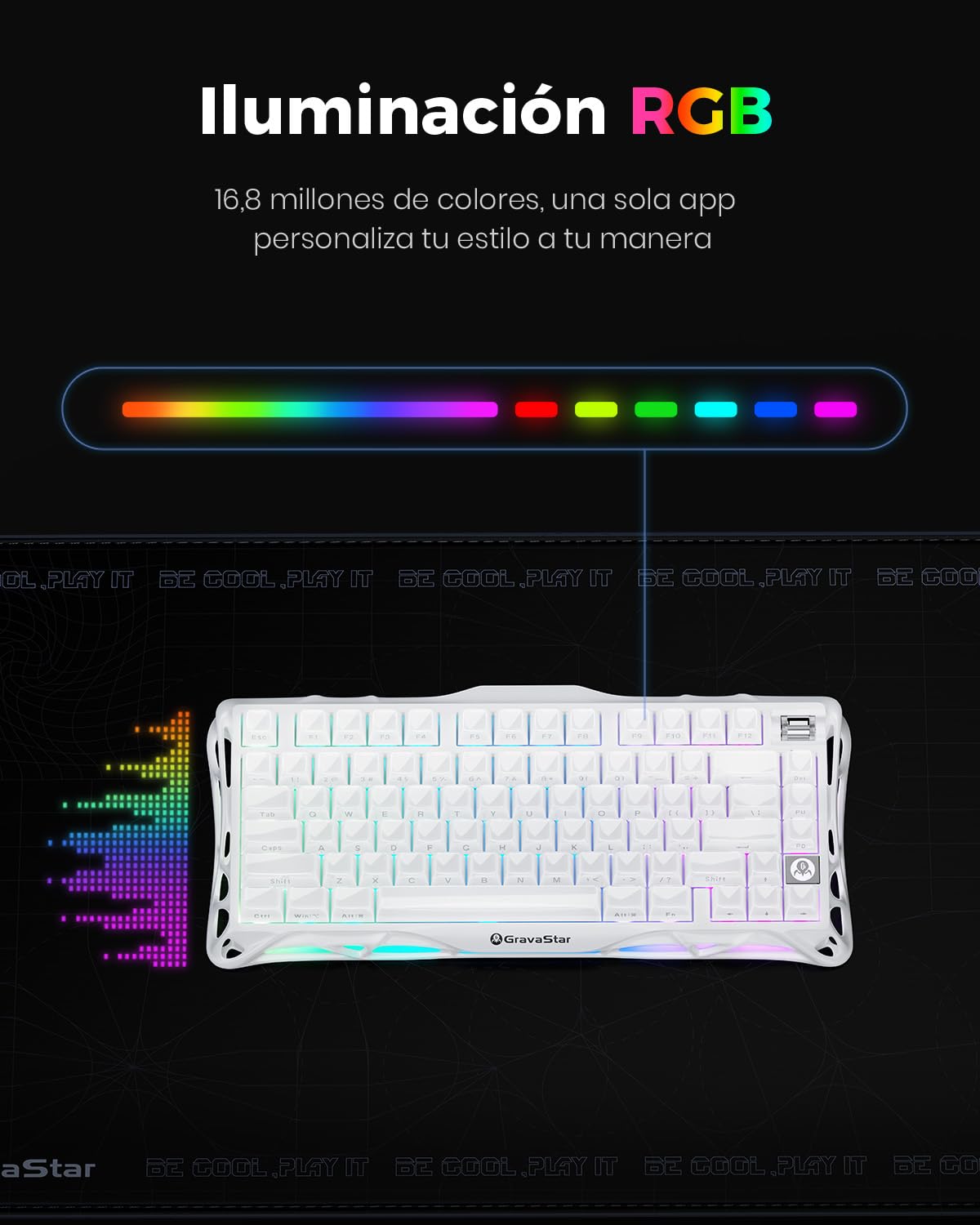 GravaStar Mercury K1 Teclado Mecánico Gaming con Marco de Aluminio, 75% Inalámbrico, Teclado para Juegos, Intercambiable en Caliente, Gasket, Teclado RGB Trimodo, Teclas PBT,QWERTY -Blanco