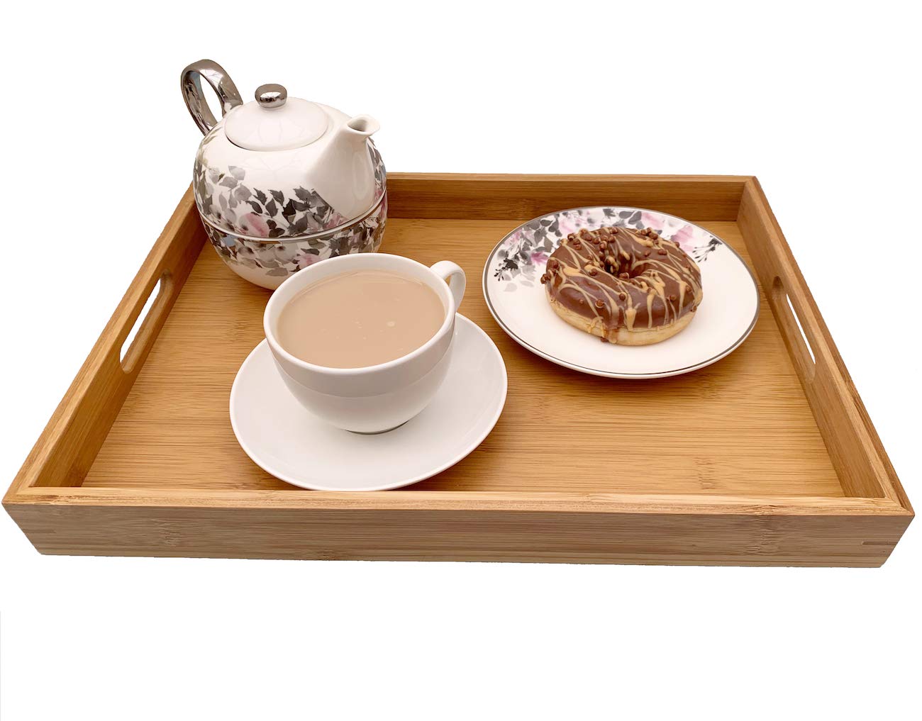 Plateau de service rectangulaire en bambou naturel avec poignée pour petit déjeuner au lit, thé, table basse, nourriture, dîner