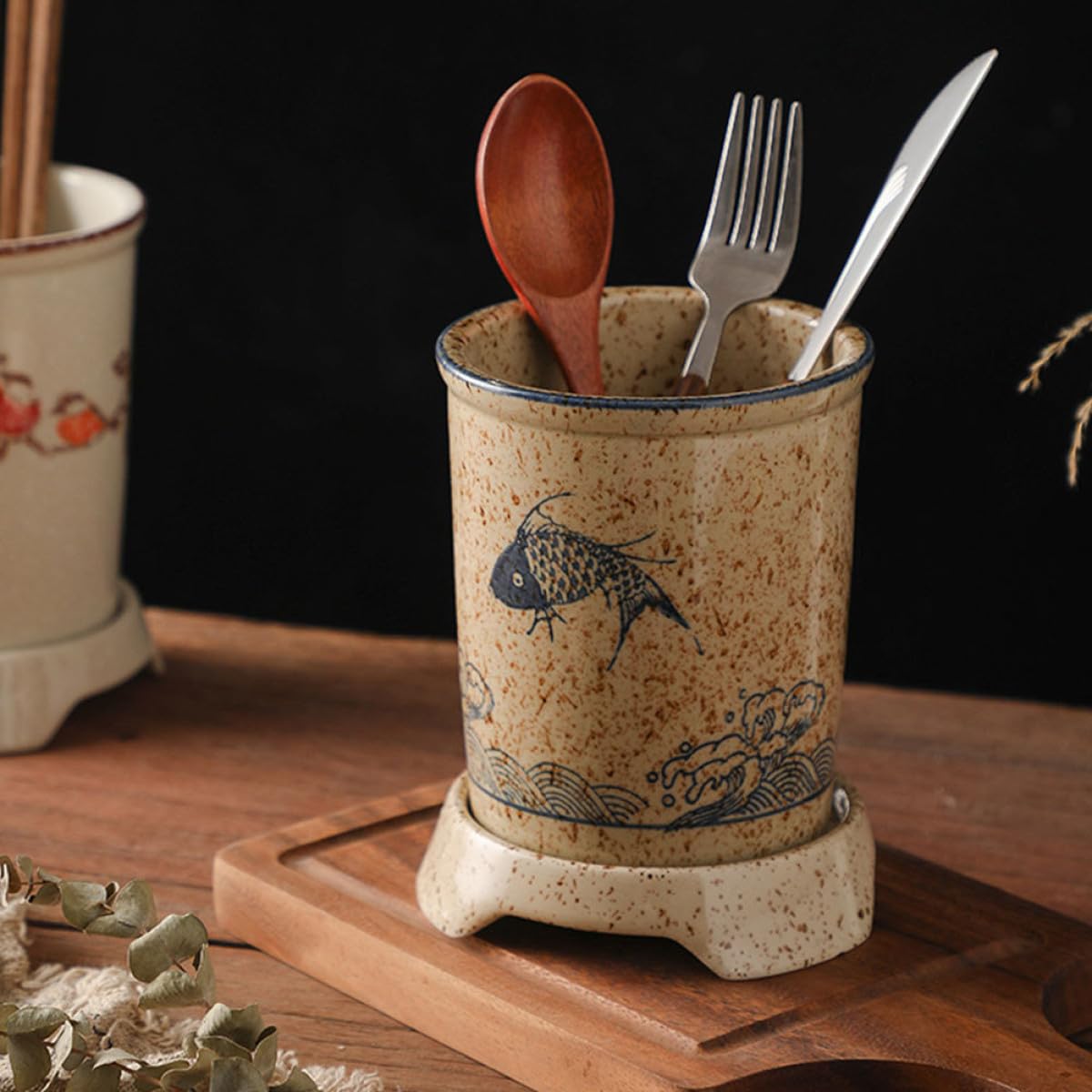 KICHOUSE Keramik Essstäbchenhalter im Japanischen Stil mit Abtropffunktion und Festem Stand Eleganter Küchenutensilienhalter für Küchendekoration