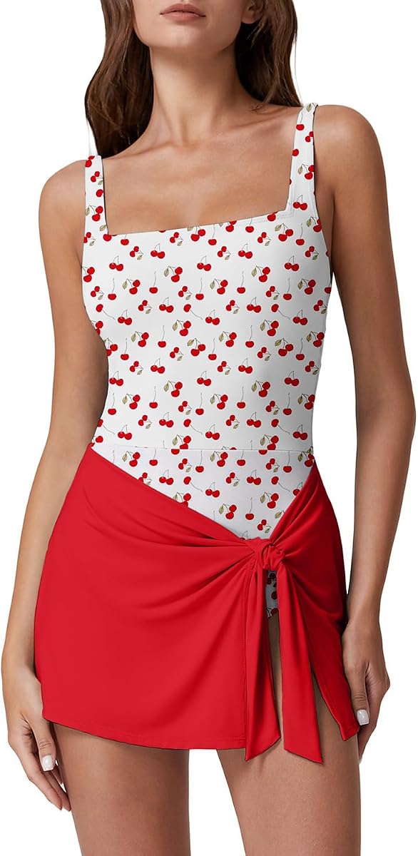 QINSEN Square Neck Swim Dress for Women Tummy Control One Piece Swimsuit Wrap Bathing Suit