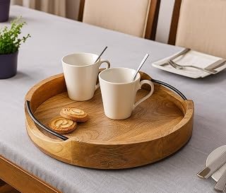 Round Wooden Serving Tray - 10 Inch Rustic Brown Wood Platter with Handles - Decorative Farmhouse Kitchen Tray for Serving Food, Drinks, Coffee, and Cheese