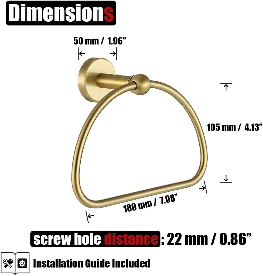JQK Towel Ring Light Gold, Stainless Steel Half Ring Towel Holder for Bathroom, 7 Inch Brushed Golden Wall Mount, TR160-BG