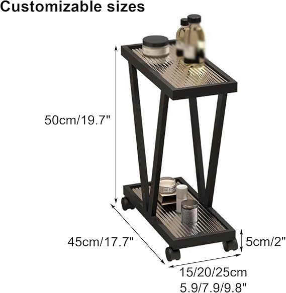 Metal Storage Shelves, Bathroom Narrow Ga-p Organizer Stand, Side Table Cart With Glass Top & Wheels For Living Room Bedroom Kitchen Office(Beige,45x15x50cm)