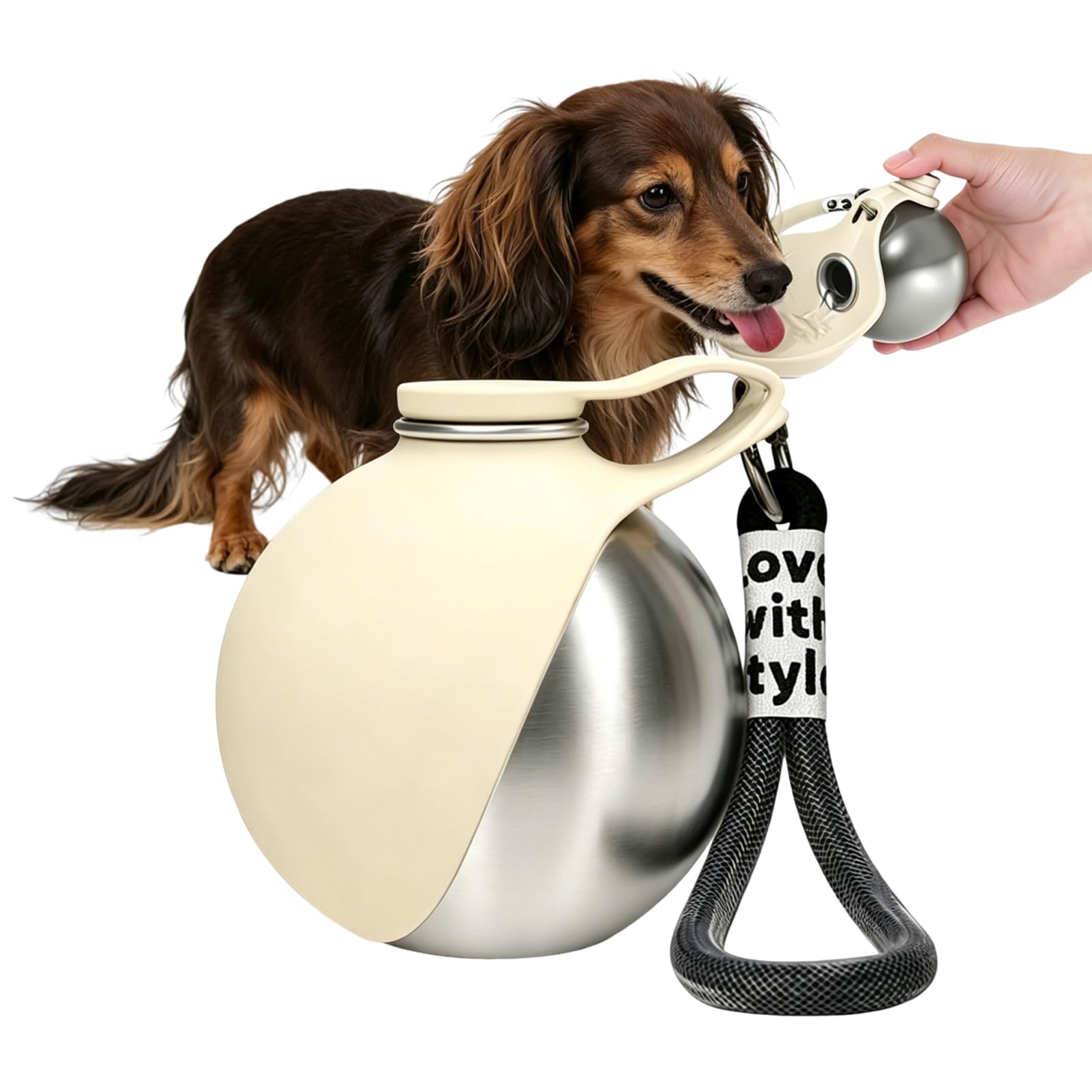 Portable Dog Water Bottle for Walking, 285ML 2 in 1 Stainless Steel Dog Drinking Bottles with Foldable Silicone Bowl, Leak Proof Pet Water Bottle for Dogs & Puppies, Hiking & Travel (Beige A)